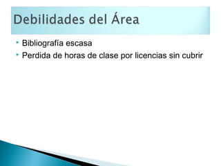  Bibliografía escasa
 Perdida de horas de clase por licencias sin cubrir
 