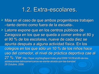 1.2. Extra-escolares.



Más en el caso de que ambos progenitores trabajen
–tanto dentro como fuera de la escuela-.
Latorre expone que en los centros públicos de
Zaragoza en los que se queda a comer entre el 80 y
el 90 % de los escolares, nueve de cada diez se
apunta después a alguna actividad física. En los
colegios en los que sólo un 10 % de los niños hace
uso del comedor, el nivel de práctica deportiva cae al
27 %. Ver http://fapar.org/blogfapar/index.php/2006/10/29/el-60-de-losadolescentes-latinoamericanos-se-siente-atraido-por-las-bandas/
29 Octubre, 2006

 