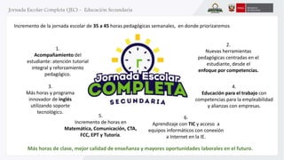 Incremento de la jornada escolar de 35 a 45 horas pedagógicas semanales, en donde priorizaremos 
1. 
Acompañamiento del 
estudiante: atención tutorial 
integral y reforzamiento 
pedagógico. 
3. 
Más horas y programa 
innovador de inglés 
utilizando soporte 
tecnológico. 
Nuevas herramientas 
pedagógicas centradas en el 
estudiante, desde el 
enfoque por competencias. 
4. 
2. 
Educación para el trabajo con 
competencias para la empleabilidad 
y alianzas con empresas. 
6. 
Aprendizaje con TIC y acceso a 
equipos informáticos con conexión 
a Internet en la IE. 
5. 
Incremento de horas en 
Matemática, Comunicación, CTA, 
FCC, EPT y Tutoría. 
Más horas de clase, mejor calidad de enseñanza y mayores oportunidades laborales en el futuro. 
 