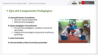 Ejes del Componente Pedagógico 
A. Acompañamiento al estudiante: 
• Atención Tutorial Integral (ATI) 
• Reforzamiento pedagógico 
B. Apoyo pedagógico a los profesores: 
• Herramientas pedagógicas: unidades y sesiones de 
aprendizaje 
• Integración de tecnologías al proceso de enseñanza y 
aprendizaje 
C. Aulas Funcionales 
D. Plan de Estudios y Áreas Curriculares priorizadas 
 