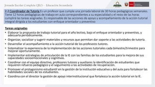 2.2 Coordinador de Tutoría Es un profesor que cumple una jornada laboral de 30 horas pedagógicas semanales. 
Tiene 12 horas pedagógicas de trabajo en aula correspondientes a su especialidad y el resto de las horas 
cumplirá las tareas asignadas. Es responsable de las acciones de apoyo y acompañamiento de la acción tutorial 
integral dirigida a los estudiantes con enfoque orientador y preventivo 
Tareas asignadas 
• Elaborar la propuesta de trabajo tutorial para el año lectivo, bajo el enfoque orientador y preventivo, y 
adecuarla periódicamente. 
• Organizar, socializar y sugerir materiales y recursos que permitan dar soporte a las actividades de tutoría. 
• Desarrollar el acompañamiento a la acción tutorial de los profesores tutores. 
• Sistematizar la experiencia de la implementación de las acciones tutoriales cada bimestre/trimestre para 
mejorar oportunamente. 
• Implementar estrategias de articulación de la IE con las familias de los estudiantes para la mejora de sus 
capacidades socioemocionales y cognitivas. 
• Coordinar con el equipo directivo, profesores tutores y auxiliares la identificación de estudiantes que 
requieren refuerzo pedagógico y el seguimiento a las actividades de recuperación. 
• Promover el protagonismo estudiantil en la gestión de la institución educativa y del aula para fortalecer las 
habilidades sociales de los estudiantes. 
• Coordina con el director la gestión de apoyo interinstitucional que fortalezca la acción tutorial en la IE. 
 