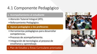 4.1 Componente Pedagógico
a. Acompañamiento al estudiante
• Atención Tutorial Integral (ATI).
• Reforzamiento Pedagógico.
b. Apoyo pedagógico a los profesores
• Herramientas pedagógicas para desarrollar
competencias.
• Procesos de acompañamiento.
• Integración de tecnologías al proceso de
enseñanza y aprendizaje.
c. Plan de Estudios y Áreas Curriculares priorizadas
 