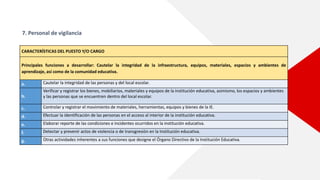 7. Personal de vigilancia
CARACTERÍSTICAS DEL PUESTO Y/O CARGO
Principales funciones a desarrollar: Cautelar la integridad de la infraestructura, equipos, materiales, espacios y ambientes de
aprendizaje, así como de la comunidad educativa.
a. Cautelar la integridad de las personas y del local escolar.
b.
Verificar y registrar los bienes, mobiliarios, materiales y equipos de la institución educativa, asimismo, los espacios y ambientes
y las personas que se encuentren dentro del local escolar.
c. Controlar y registrar el movimiento de materiales, herramientas, equipos y bienes de la IE.
d. Efectuar la identificación de las personas en el acceso al interior de la institución educativa.
e. Elaborar reporte de las condiciones e incidentes ocurridos en la institución educativa.
f. Detectar y prevenir actos de violencia o de transgresión en la Institución educativa.
g. Otras actividades inherentes a sus funciones que designe el Órgano Directivo de la Institución Educativa.
 
