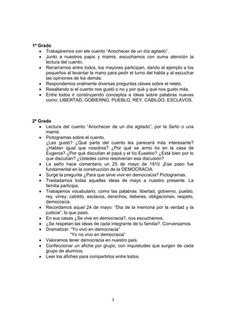 3
1º Grado
Trabajaremos con ele cuento “Anochecer de un día agitado”.
Junto a nuestros papis y mamis, escuchamos con suma atención la
lectura del cuento.
Renarramos entre todos, los mayores participan, dando el ejemplo a los
pequeños al levantar la mano para pedir el turno del habla y al escuchar
las opiniones de los demás.
Respondemos oralmente diversas preguntas claves sobre el relato.
Resaltando si el cuento nos gustó o no y por qué y qué nos gusto más.
Entre todos ir construyendo conceptos e ideas sobre palabras nuevas
como: LIBERTAD, GOBIERNO, PUEBLO, REY, CABILDO, ESCLAVOS.
2º Grado
Lectura del cuento “Anochecer de un día agitado”, por la Seño o una
mamá.
Pictogramas sobre el cuento.
¿Les gustó? ¿Qué parte del cuento les parecerá más interesante?
¿Hablan igual que nosotros? ¿Por qué se armo lío en la casa de
Eugenia? ¿Por qué discutían el papá y el tío Eusebio? ¿Está bien por lo
que discutían? ¿Ustedes como resolverían esa discusión?
La seño hace comentario un 25 de mayo de 1810 ¡Ese paso fue
fundamental en la construcción de la DEMOCRACIA.
Surge la pregunta ¿Para que sirve vivir en democracia? Pictogramas.
Trasladamos todas aquellas ideas de mayo a nuestro presente. La
familia participa.
Trabajamos vocabulario, como las palabras: libertad, gobierno, pueblo,
rey, virrey, cabildo, esclavos, derechos, deberes, obligaciones, respeto,
democracia.
Recordamos aquel 24 de mayo: “Día de la memoria por la verdad y la
justicia”, lo que pasó.
En sus casas ¿Se vive en democracia?, nos escuchamos.
¿Se respetan las ideas de cada integrante de tu familia?. Conversamos.
Dramatizar: “Yo vivo en democracia”
“Yo no vivo en democracia”
Valoramos tener democracia en nuestro país.
Confeccionar un afiche por grupo, con inquietudes que surgen de cada
grupo de alumnos.
Leer los afiches para compartirlos entre todos.
 