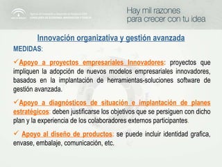 Innovación organizativa y gestión avanzada MEDIDAS : Apoyo a proyectos empresariales Innovadores :   proyectos que impliquen la adopción de nuevos modelos empresariales innovadores, basados en la implantación de herramientas-soluciones software de gestión avanzada. Apoyo a diagnósticos de situación e implantación de planes estratégicos :   deben justificarse los objetivos que se persiguen con dicho plan y la experiencia de los colaboradores externos participantes . Apoyo al diseño de productos :   se puede incluir identidad grafica, envase, embalaje, comunicación, etc. 