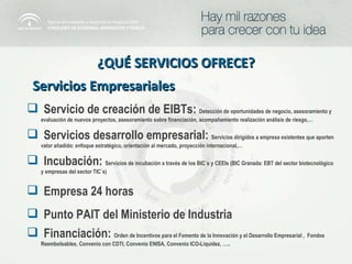 ¿QUÉ SERVICIOS OFRECE? Servicios Empresariales Servicio de creación de EIBTs:  Detección de oportunidades de negocio, asesoramiento y evaluación de nuevos proyectos, asesoramiento sobre financiación, acompañamiento realización análisis de riesgo,… Servicios desarrollo empresarial:  Servicios dirigidos a empresa existentes que aporten valor añadido: enfoque estratégico, orientación al mercado, proyección internacional,… Incubación:  Servicios de incubación a través de los BIC´s y CEEIs (BIC Granada: EBT del sector biotecnológico y empresas del sector TIC´s) Empresa 24 horas Punto PAIT del Ministerio de Industria Financiación:  Orden de Incentivos para el Fomento de la Innovación y el Desarrollo Empresarial ,  Fondos Reembolsables, Convenio con CDTI, Convenio ENISA, Convenio ICO-Liquidez, ….. 