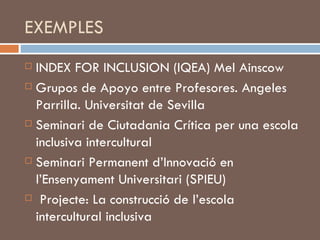 EXEMPLES INDEX FOR INCLUSION (IQEA) Mel Ainscow Grupos de Apoyo entre Profesores. Angeles Parrilla. Universitat de Sevilla Seminari de Ciutadania Crítica per una escola inclusiva intercultural Seminari Permanent d’Innovació en l’Ensenyament Universitari (SPIEU) Projecte: La construcció de l’escola intercultural inclusiva 