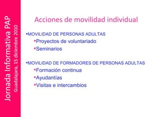 Acciones de movilidad individual MOVILIDAD DE PERSONAS ADULTAS Proyectos de voluntariado Seminarios MOVILIDAD DE FORMADORES DE PERSONAS ADULTAS Formación continua Ayudantías Visitas e intercambios 