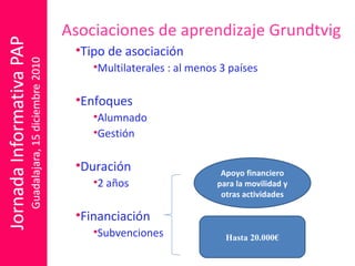 Tipo de asociación Multilaterales : al menos 3 países Enfoques Alumnado Gestión Duración 2 años  Financiación Subvenciones Asociaciones de aprendizaje Grundtvig Apoyo financiero para la movilidad y otras actividades Hasta 20.000€ 