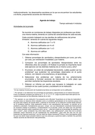 institucionalmente los desempeños escolares en la que se encuentran los estudiantes
a la fecha, proponiendo acciones de intervención.


                                           Agenda de trabajo
                                                                          Tiempo estimado 4 módulos
Actividades de la jornada


                Se reunirán en comisiones de trabajo integradas por profesores que dicten
                una misma materia, teniendo en cuenta las características de cada escuela.
                Cada comisión trabajará con las planillas de calificaciones del primer
                trimestre2, teniendo en cuenta los siguientes rangos:
                        A. Alumnos calificados con 7 a 10
                        B. Alumnos calificados con 4 a 6
                        C. Alumnos calificados con 1 a 3
                        D. Alumnos sin calificar
                Con esta información:
                1. Obtener porcentajes de: aprobados y desaprobados por curso, por año,
                    por ciclo, por orientación/ modalidad y por materia.
                2. Comparar: los porcentajes de aprobados /desaprobados entre los
                    diferentes años de cursado ( Al finalizar la jornada es importante hacer
                    este ejercicio con las distintas materias de un mismo curso y año)3
                3. Enumerar, en orden de complejidad decreciente, cuáles pueden ser los
                    problemas4 que sustentan los porcentajes observados en el punto
                    anterior, con relación a la enseñanza y el aprendizaje.
                4. Seleccionar dos problemas por materia de los anteriormente
                   enunciados y formular acciones de intervención a corto plazo que
                   permitan reorientar las trayectorias escolares.
                5. Elaborar un informe por escrito que recupere lo trabajado en cada
                    comisión en los cuatro puntos y socializarlo en la institución.
2
    En las materias Construcción de Ciudadanía las letras se corresponden con la calificación.
3
  Por ejemplo: si se elaboraron los porcentajes de aprobados y desaprobados en la materia Educación
Física, se deberán comparar los mismos en 1°, 2°, 3°, 4°, 5°, 6°. Luego se podrá hacer este ejercicio de
manera transversal con las diferentes materias de un año.
4
 . Por ejemplo: en una institución X se presenta como dificultad “Ausentismo en el área de matemática”,
muchas veces se relaciona dicho indicador como un problema generalizado en los alumnos porque nos
les gusta esta materia; les resulta difícil, y además es recurrente; en la institución sucede desde siempre,
es un problema histórico. Esta explicación remite a una naturalización del suceso, no permite ver el
problema y abordarlo. Consideramos que para romper con una interpretación construida históricamente
es necesario analizar el problema y contextualizarlo en la escuela, contar con datos que nos permitan
tener mayor precisión sobre cuestiones cómo, por ej. : ¿Qué tan amplio es el porcentaje de ausentes, por
año y curso?, ¿Qué correlación hay entre éstos datos y las calificaciones? ¿Qué días de la semana
presentan mayor frecuencia en las inasistencias los estudiantes? ¿Qué días del mes son los que
presentan las mayores ausencias? ¿se han dado las clases necesarias? Estos y otros interrogantes serán
los que nos darán mayor precisión sobre lo que nos preocupa y queremos saber y también nos permitirá
realizar acciones de intervención más pertinentes.




                                                                                                           4
 