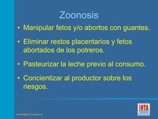 brucela@cnia.inta.gov.ar 
Zoonosis 
• Manipular fetos y/o abortos con guantes. 
• Eliminar restos placentarios y fetos 
abortados de los potreros. 
• Pasteurizar la leche previo al consumo. 
• Concientizar al productor sobre los 
riesgos. 
 