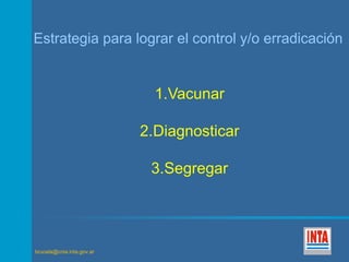 Estrategia para lograr el control y/o erradicación 
brucela@cnia.inta.gov.ar 
1.Vacunar 
2.Diagnosticar 
3.Segregar 
 
