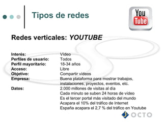 Tipos de redes

Redes verticales: YOUTUBE

Interés:               Vídeo
Perfiles de usuario:   Todos
Perfil mayoritario:    18-34 años
Acceso:                Libre
Objetivo:              Compartir vídeos
Empresa:               Buena plataforma para mostrar trabajos,
                       instalaciones, proyectos, eventos, etc.
Datos:                 2.000 millones de visitas al día
                       Cada minuto se suben 24 horas de vídeo
                       Es el tercer portal más visitado del mundo
                       Acapara el 10% del tráfico de Internet
                       España acapara el 2,7 % del tráfico en Youtube
 