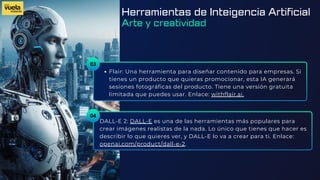 03
Flair: Una herramienta para diseñar contenido para empresas. Si
tienes un producto que quieras promocionar, esta IA generará
sesiones fotográficas del producto. Tiene una versión gratuita
limitada que puedes usar. Enlace: withflair.ai.
DALL-E 2: DALL-E es una de las herramientas más populares para
crear imágenes realistas de la nada. Lo único que tienes que hacer es
describir lo que quieres ver, y DALL-E lo va a crear para ti. Enlace:
openai.com/product/dall-e-2.
04
Herramientas de Inteigencia Artificial
Arte y creatividad
 