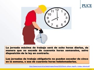 La jornada máxima de trabajo será de ocho horas diarias, de
manera que no exceda de cuarenta horas semanales, salvo
disposición de la ley en contrario.
Las jornadas de trabajo obligatorio no pueden exceder de cinco
en la semana, o sea de cuarenta horas hebdomadarias.
http://www.inocar.mil.ec/web/images/lotaip/2015/literal_a/base_legal/A._Codigo_laboral.pdf
 