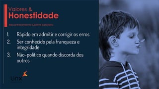 1. Rápido em admitir e corrigir os erros
2. Ser conhecido pela franqueza e
integridade
3. Não-político quando discorda dos
outros
Valores &
Honestidade
Reconhecimento Cliente Satisfeito
 