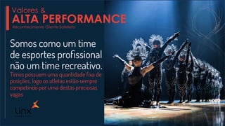 Somos como um time
de esportes proﬁssional
não um time recreativo.
Times possuem uma quantidade ﬁxa de
posições, logo os atletas estão sempre
competindo por uma destas preciosas
vagas
Reconhecimento Cliente Satisfeito
Valores &
ALTA PERFORMANCE
 