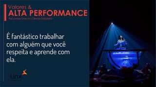 É fantástico trabalhar
com alguém que você
respeita e aprende com
ela.
Reconhecimento Cliente Satisfeito
Valores &
ALTA PERFORMANCE
 