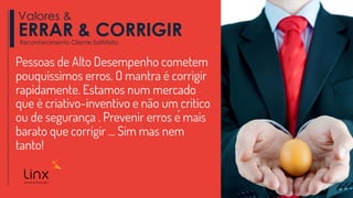 Pessoas de Alto Desempenho cometem
pouquíssimos erros. O mantra é corrigir
rapidamente. Estamos num mercado
que é criativo-inventivo e não um critico
ou de segurança . Prevenir erros é mais
barato que corrigir ... Sim mas nem
tanto!
Valores &
ERRAR & CORRIGIRReconhecimento Cliente Satisfeito
 