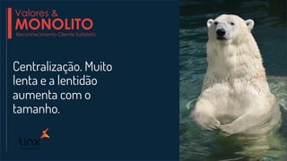 Centralização. Muito
lenta e a lentidão
aumenta com o
tamanho.
Valores &
MONOLITOReconhecimento Cliente Satisfeito
 