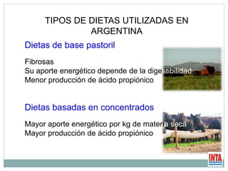 Dietas de base pastoril
Fibrosas
Su aporte energético depende de la digestibilidad
Menor producción de ácido propiónico
Dietas basadas en concentrados
Mayor aporte energético por kg de materia seca
Mayor producción de ácido propiónico
TIPOS DE DIETAS UTILIZADAS EN
ARGENTINA
 