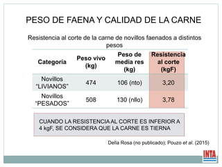 PESO DE FAENA Y CALIDAD DE LA CARNE
Categoría
Peso vivo
(kg)
Peso de
media res
(kg)
Resistencia
al corte
(kgF)
Novillos
“LIVIANOS”
474 106 (nto) 3,20
Novillos
“PESADOS”
508 130 (nllo) 3,78
CUANDO LA RESISTENCIA AL CORTE ES INFERIOR A
4 kgF, SE CONSIDERA QUE LA CARNE ES TIERNA
Della Rosa (no publicado); Pouzo et al. (2015)
Resistencia al corte de la carne de novillos faenados a distintos
pesos
 