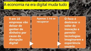 A economia na era digital muda tudo
9 em 10
empresas vão
deixar de
ganhar de
dinheiro por
causa da
disrupção
digital
Apenas 1 irá se
recuperar
O foco é
destravar o
valor da
inovação e
permitir
tecnologias
imaginarem a
experiência
usuário
 