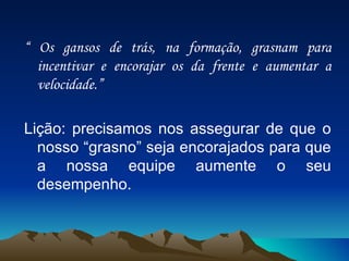 “  Os gansos de trás, na formação, grasnam para incentivar e encorajar os da frente e aumentar a velocidade.” Lição: precisamos nos assegurar de que o nosso “grasno” seja encorajados para que a nossa equipe aumente o seu desempenho. 