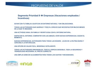 Segmento Prioridad II  Empresas (Vacaciones empleados /
    Incentivos)

ESTAR CON TU FAMILIA A GUSTO EN UN ENTORNO NATURAL Y SIN OBLIGACIONES.

TODAS LAS ACTIVIDADES QUE QUIERAS Y TODO EL ESPACIO QUE NECESITAS POR MUCHO MENOS
DE LO QUE TE IMAGINAS.

UNA ACTIVIDAD SANA, EN FAMILIA Y RESPETUOSA CON EL ENTORNO NATURAL.

DISFRUTAR EL ENTORNO, COMPARTIR CON LOS AMIGOS, VIVIR NUEVAS EXPERIENCIAS, GOZAR EL
MOMENTO.

NUEVAS EXPERIENCIAS, ACTIVIDADES PARA TODAS LAS EDADES, LEJOS DE LA RUTINA DIARIA Y
CERCANO A LA NATURALEZA.

UNA OPCIÓN DE VIAJAR FÁCIL, MODERNA E INTELIGENTE.

TODAS LAS ACTIVIDADES IMAGINABLES, TODO EL ESPACIO DESEABLE, TODA LA SEGURIDAD Y
TRANQUILIDAD NECESARIA, AL PRECIO CORRECTO.

UNA AMPLIA GAMA DE ALOJAMIENTOS PARA TODOS LOS GUSTOS Y NECESIDADES.
 