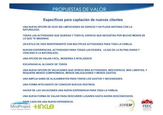 Específicas para captación de nuevos clientes
UNA NUEVA OPCIÓN DE OCIO SIN LIMITACIONES DE ESPACIO Y EN PLENA SINTONIA CON LA
NATURALEZA.

TODAS LAS ACTIVIDADES QUE QUIERAS Y TODO EL ESPACIO QUE NECESITAS POR MUCHO MENOS DE
LO QUE TE IMAGINAS.

UN ESTILO DE VIDA INDEPENDIENTE CON MÚLTIPLES ACTIVIDADES PARA TODA LA FAMILIA.

NUEVAS EXPERIENCIAS, ACTIVIDADES PARA TODAS LAS EDADES, LEJOS DE LA RUTINA DIARIA Y
CERCANO A LA NATURALEZA.

UNA OPCIÓN DE VIAJAR FÁCIL, MODERNA E INTELIGENTE.

ESCAPADAS AL ALCANCE DE TODOS

UNA NUEVA OPCIÓN DE VACACIONES QUE OFRECE MÁS ACTIVIDADES, MÁS ESPACIO, MÁS LIBERTAD, Y
REQUIERE MENOS COMPROMISOS, MENOS OBLIGACIONES Y MENOS GASTOS.

UNA AMPLIA GAMA DE ALOJAMIENTOS PARA TODOS LOS GUSTOS Y NECESIDADES.

UNA FORMA INTELIGENTE DE CONOCER NUEVOS DESTINOS.

HACER DE LAS VACACIONES UNA NUEVA EXPERIENCIA PARA TODA LA FAMILIA.

UNA NUEVA FORMA DE VIAJAR PARA DESCUBRIR LUGARES HASTA AHORA DESCONOCIDOS.

VIVIR CADA DÍA UNA NUEVA EXPERIENCIA.
 