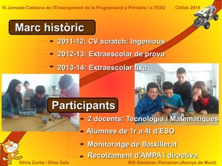 Sílvia Zurita i Elisa Sala INS Domènec Perramon (Arenys de Munt)
VI Jornada Catalana de l'Ensenyament de la Programació a Primària i a l'ESO Citilab 2014
Marc històricMarc històric
2011-12: CV scratch: Ingenious2011-12: CV scratch: Ingenious
2012-13: Extraescolar de prova2012-13: Extraescolar de prova
2013-14: Extraescolar fixa2013-14: Extraescolar fixa
ParticipantsParticipants
2 docents: Tecnologia i Matemàtiques2 docents: Tecnologia i Matemàtiques
Alumnes de 1r a 4t d'ESOAlumnes de 1r a 4t d'ESO
Monitoratge de BatxilleratMonitoratge de Batxillerat
Recolzament d'AMPA i directivaRecolzament d'AMPA i directiva
 