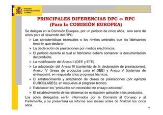 SUBDIRECCIÓN GENERAL
DE CALIDAD Y SEGURIDAD INDUSTRIAL
14
PRINCIPALES DIFERENCIAS DPC ⇔ RPC
(Para la COMISIÓN EUROPEA)
Se delegan en la Comisión Europea, por un período de cinco años, una serie de
actos para el desarrollo del RPC.
 Las características esenciales o los niveles umbrales que los fabricantes
tendrán que declarar.
 La declaración de prestaciones por medios electrónicos.
 El período durante el cual el fabricante deberá conservar la documentación
del producto.
 La modificación del Anexo II (DEE y ETE).
 La adaptación del Anexo III (contenido de la declaración de prestaciones),
Anexo IV (áreas de productos para el DEE) y Anexo V (sistemas de
evaluación), en respuesta a los progresos técnicos.
 El establecimiento y adaptación de clases de prestaciones (por ejemplo
EUROCLASES), en respuesta al progreso técnico.
 Establecer los “productos sin necesidad de ensayo adicional”.
 El establecimiento de los sistemas de evaluación aplicable a los productos.
Los actos delegados serán informados por la Comisión al Consejo y al
Parlamento, y se presentará un informe seis meses antes de finalizar los cinco
años.
 