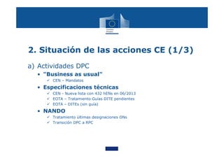 2. Situación de las acciones CE (1/3)
a) Actividades DPC
• "Business as usual"
 CEN – Mandatos
• Especificaciones técnicas
 CEN - Nueva lista con 432 hENs en 06/2013
 EOTA – Tratamiento Guías DITE pendientes
 EOTA – DITEs (sin guía)
• NANDO
 Tratamiento últimas designaciones ONs
 Transición DPC a RPC
 