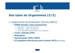 Dos tipos de Organismos (2/2)
• Organismos de Evaluación Técnica (OETs)
 EEMM deciden cómo designarlos
• Requisitos – Tabla 2 del Anexo IV
• Productos – Tabla 1 del Anexo IV
• CE ha establecido guía práctica con 10 preguntas
 Tarea: Emisión ETEs
 Requisitos
 Coordinación OETs: EOTA
 CE adoptará directrices para evaluar OETs (Art. 29.4)
 