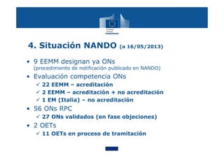 4. Situación NANDO (a 16/05/2013)
• 9 EEMM designan ya ONs
(procedimiento de notificación publicado en NANDO)
• Evaluación competencia ONs
 22 EEMM – acreditación
 2 EEMM – acreditación + no acreditación
 1 EM (Italia) – no acreditación
• 56 ONs RPC
 27 ONs validados (en fase objeciones)
• 2 OETs
 11 OETs en proceso de tramitación
 