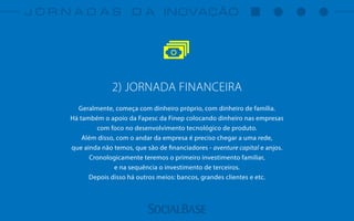 2) JORNADA FINANCEIRA
Geralmente, começa com dinheiro próprio, com dinheiro de família.
Há também o apoio da Fapesc da Finep colocando dinheiro nas empresas
com foco no desenvolvimento tecnológico de produto.
Além disso, com o andar da empresa é preciso chegar a uma rede,
que ainda não temos, que são de financiadores - aventure capital e anjos.
Cronologicamente teremos o primeiro investimento familiar,
e na sequência o investimento de terceiros.
Depois disso há outros meios: bancos, grandes clientes e etc.
 