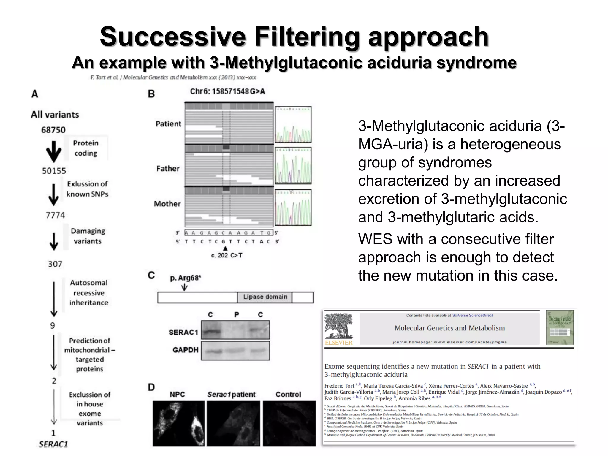 3-Methylglutaconic aciduria (3- MGA-uria) is a heterogeneous group of syndromes characterized by an increased excretion of 3-methylglutaconic and 3-methylglutaric acids. 
WES with a consecutive filter approach is enough to detect the new mutation in this case. 
Successive Filtering approach An example with 3-Methylglutaconic aciduria syndrome  