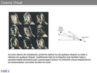 Cinema Virtual ao actor depois de virtualizado, podemos aplicar luz de qualquer ângulo ou rodar a câmara em qualquer ângulo, modificando não só os ângulos mas também toda a expressividade dramática que o personagem possui no ambiente virtual adaptando-se às necessidades concretas da ideia do autor FASE 2 