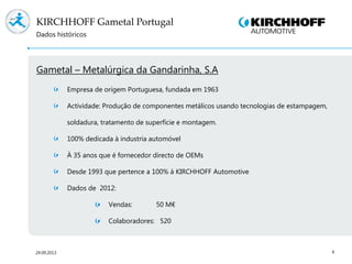 6
KIRCHHOFF Gametal Portugal
Gametal – Metalúrgica da Gandarinha, S.A
Empresa de origem Portuguesa, fundada em 1963
Actividade: Produção de componentes metálicos usando tecnologias de estampagem,
soldadura, tratamento de superfície e montagem.
100% dedicada à industria automóvel
À 35 anos que é fornecedor directo de OEMs
Desde 1993 que pertence a 100% á KIRCHHOFF Automotive
Dados de 2012:
Vendas: 50 M€
Colaboradores: 520
Dados históricos
24.09.2013
 