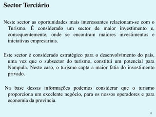 Sector Terciário 
Neste sector as oportunidades mais interessantes relacionam-se com o 
Turismo. É considerado um sector de maior investimento e, 
consequentemente, onde se encontram maiores investimentos e 
iniciativas empresariais. 
Este sector é considerado estratégico para o desenvolvimento do país, 
uma vez que o subsector do turismo, constitui um potencial para 
Nampula. Neste caso, o turismo capta a maior fatia do investimento 
privado. 
Na base dessas informações podemos considerar que o turismo 
proporciona um excelente negócio, para os nossos operadores e para 
economia da provincia. 
11 
 