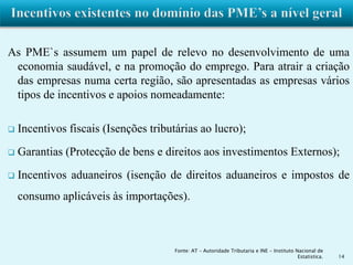 As PME`s assumem um papel de relevo no desenvolvimento de uma 
economia saudável, e na promoção do emprego. Para atrair a criação 
das empresas numa certa região, são apresentadas as empresas vários 
tipos de incentivos e apoios nomeadamente: 
 Incentivos fiscais (Isenções tributárias ao lucro); 
 Garantias (Protecção de bens e direitos aos investimentos Externos); 
 Incentivos aduaneiros (isenção de direitos aduaneiros e impostos de 
consumo aplicáveis às importações). 
14 
Fonte: AT – Autoridade Tributaria e INE - Instituto Nacional de 
Estatistica. 
 