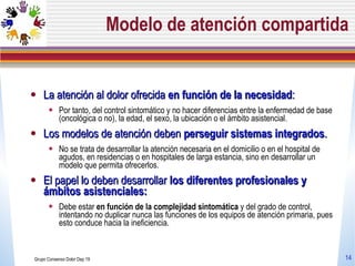 Modelo de atención compartida La atención al dolor ofrecida  en función de la necesidad : Por tanto, del control sintomático y no hacer diferencias entre la enfermedad de base (oncológica o no), la edad, el sexo, la ubicación o el ámbito asistencial. Los modelos de atención deben  perseguir sistemas integrados . No se trata de desarrollar la atención necesaria en el domicilio o en el hospital de agudos, en residencias o en hospitales de larga estancia, sino en desarrollar un modelo que permita ofrecerlos. El papel lo deben desarrollar  los diferentes profesionales y ámbitos asistenciales: Debe estar  en función de la complejidad sintomática  y del grado de control, intentando no duplicar nunca las funciones de los equipos de atención primaria, pues esto conduce hacia la ineficiencia. Grupo Consenso Dolor Dep 19 