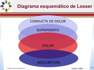 Diagrama esquemático de Losser Grupo Consenso Dolor Dep 19 Losser 1980 CONDUCTA DE DOLOR SUFRIMIENTO DOLOR NOCICEPCION 