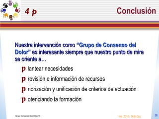Conclusión Nuestra intervención como  “ Grupo de Consenso del Dolor ”  es interesante siempre que nuestro punto de mira se oriente a… p lantear necesidades   p rovisión e información de recursos p riorización y unificación de criterios de actuación p otenciando la formación Grupo Consenso Dolor Dep 19 fml. 2010; 14(6):3p : 4p 