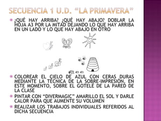 ¿QUÉ HAY ARRIBA? ¿QUÉ HAY ABAJO? DOBLAR LA HOJA A3 POR LA MITAD DEJANDO LO QUE HAY ARRIBA EN UN LADO Y LO QUE HAY ABAJO EN OTRO COLOREAR EL CIELO DE AZUL CON CERAS DURAS MEDIANTE LA TÉCNICA DE LA SOBRE-IMPRESIÓN, EN ESTE MOMENTO, SOBRE EL GOTELÉ DE LA PARED DE LA CLASE PINTAR CON “DIVERMAGIC” AMARILLO EL SOL Y DARLE CALOR PARA QUE AUMENTE SU VOLUMEN REALIZAR LOS TRABAJOS INDIVIDUALES REFERIDOS AL DICHA SECUENCIA  