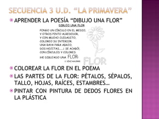 APRENDER LA POESÍA “DIBUJO UNA FLOR” COLOREAR LA FLOR EN EL POEMA  LAS PARTES DE LA FLOR: PÉTALOS, SÉPALOS, TALLO, HOJAS, RAÍCES, ESTAMBRES… PINTAR CON PINTURA DE DEDOS FLORES EN LA PLÁSTICA 