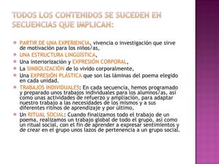 PARTIR DE UNA EXPERIENCIA , vivencia o investigación que sirve de motivación para los niños/as, UNA ESTRUCTURA LINGÜÍSTICA , Una interiorización y  EXPRESIÓN CORPORAL , La  SIMBOLIZACIÓN  de lo vivido corporalmente, Una  EXPRESIÓN PLÁSTICA  que son las láminas del poema elegido en cada unidad. TRABAJOS INDIVIDUALES : En cada secuencia, hemos programado y preparado unos trabajos individuales para los alumnos/as, así como unas actividades de refuerzo y ampliación, para adaptar nuestro trabajo a las necesidades de los mismos y a sus diferentes ritmos de aprendizaje y por último, Un  RITUAL SOCIAL : Cuando finalizamos todo el trabajo de un poema, realizamos un trabajo global de todo el grupo, así como un ritual social, con el fin de aprender a expresar sentimientos y de crear en el grupo unos lazos de pertenencia a un grupo social. 