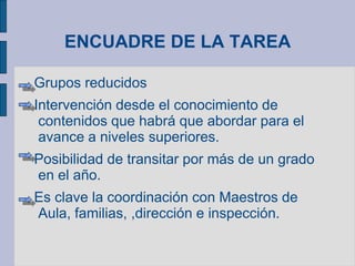 ENCUADRE DE LA TAREA
Grupos reducidos
Intervención desde el conocimiento de
contenidos que habrá que abordar para el
avance a niveles superiores.
Posibilidad de transitar por más de un grado
en el año.
Es clave la coordinación con Maestros de
Aula, familias, ,dirección e inspección.
 