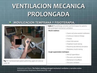MOVILIZACION TEMPRANA Y FISIOTERAPIA.
Un millón de pacientes ingresan a UCI desarrollan
debilidad muscular.
25% VMP la desarrollan.
Desacondiciona miento muscular.
Fuerza de la tos ( Tasa de FEM1)
VENTILACION MECANICA
PROLONGADA
Ambosino and Vitaca. The Patient needing prolonged mechanical ventilation: a narrative review.
Multidisciplinary Respiratory Medicine(2018). 13:6.
 