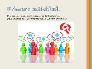 Detección de los conocimientos previos del los alumnos.
¿Qué sabemos de…? ¿Cómo podemos….? ¿Qué nos gustaría….?
 